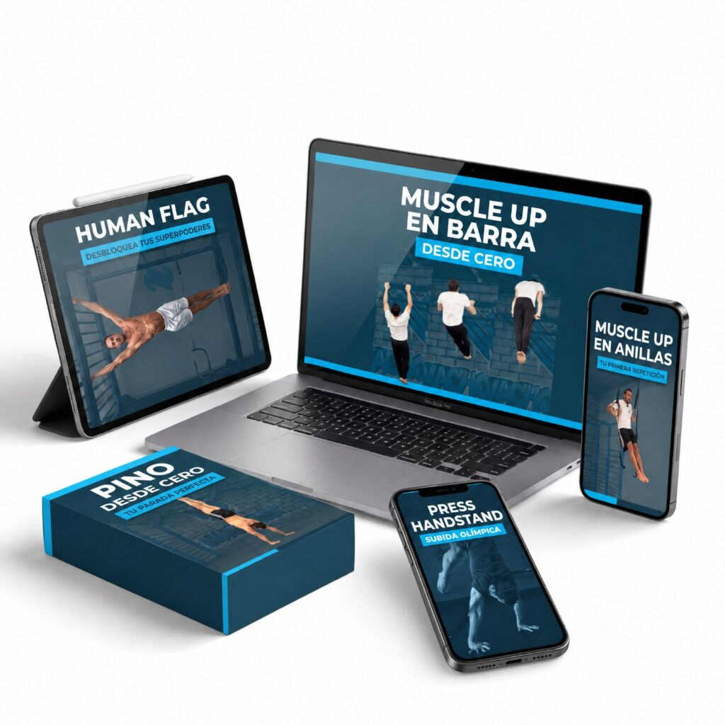 Pack 5 programas Ejercicios PRO: Human Flag, Muscle Up en barra, Muscle Up en anillas, Pino desde cero y Press Handstand